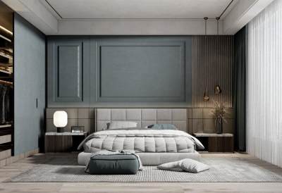 现代卧室 双人床 床头柜组合 床尾凳 衣柜 摆件